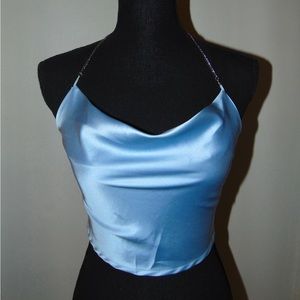 Light blue satin top with chain strap